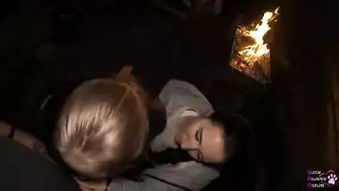 FFM Threesome Sucking on the Backyard - Outdoor Double Blowjob - Oral Creampie