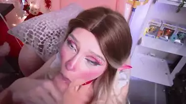 Santa's horny little Elf s on his big cock for her sticky xmas Present - 4K HD Facial